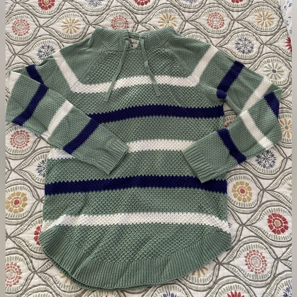 Light green, hooded, striped sweater